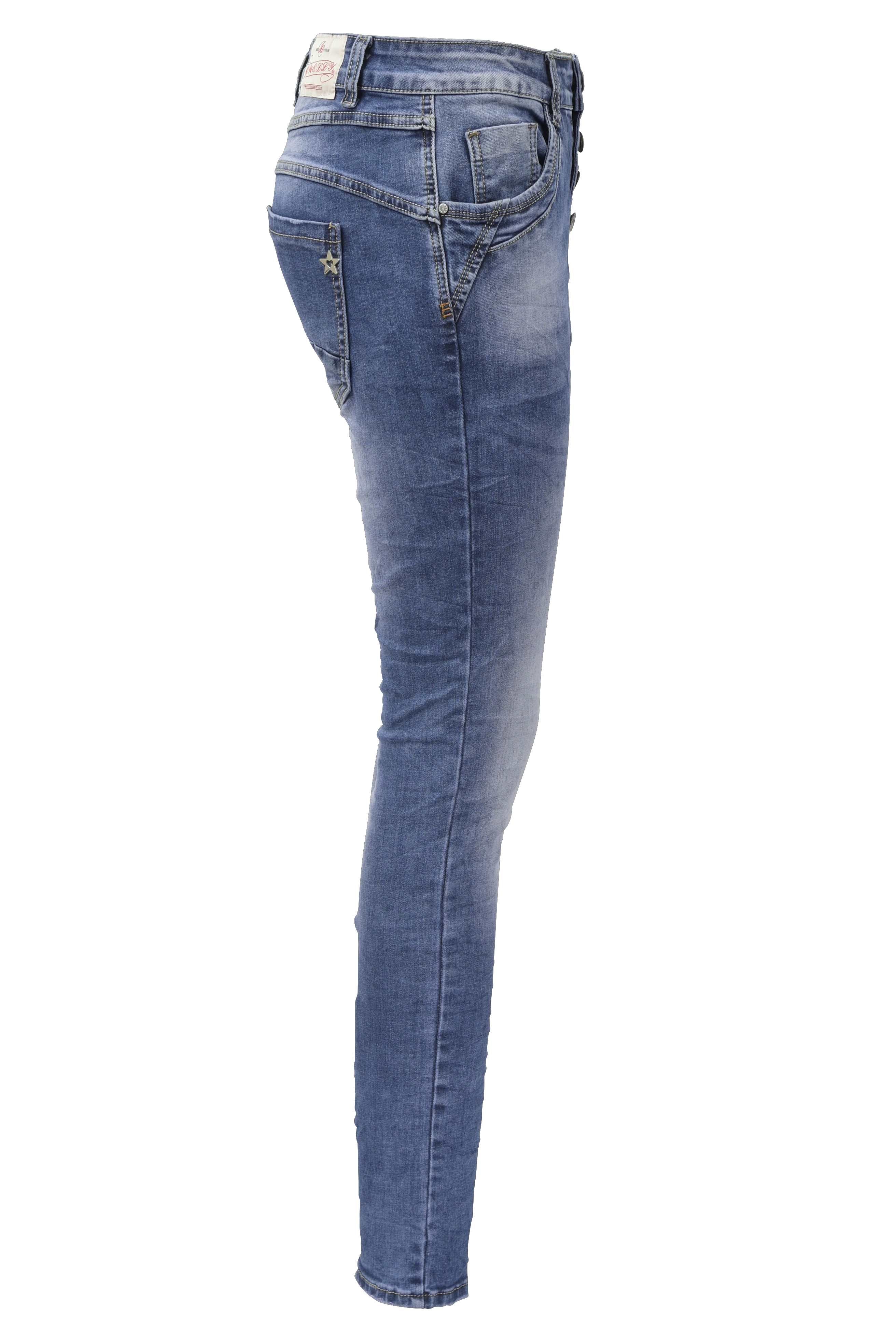 Jewelly Damen Stretch Jeans Five-Pocket im Crash-Look | Boyfriend Hose mit sichtbarer Knopfleiste