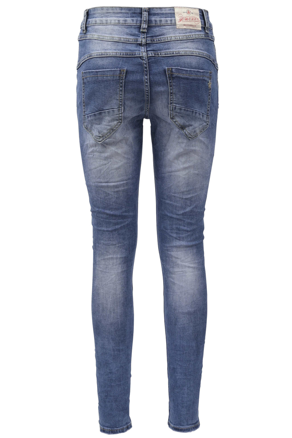 Jewelly Damen Stretch Jeans Five-Pocket im Crash-Look | Boyfriend Hose mit sichtbarer Knopfleiste