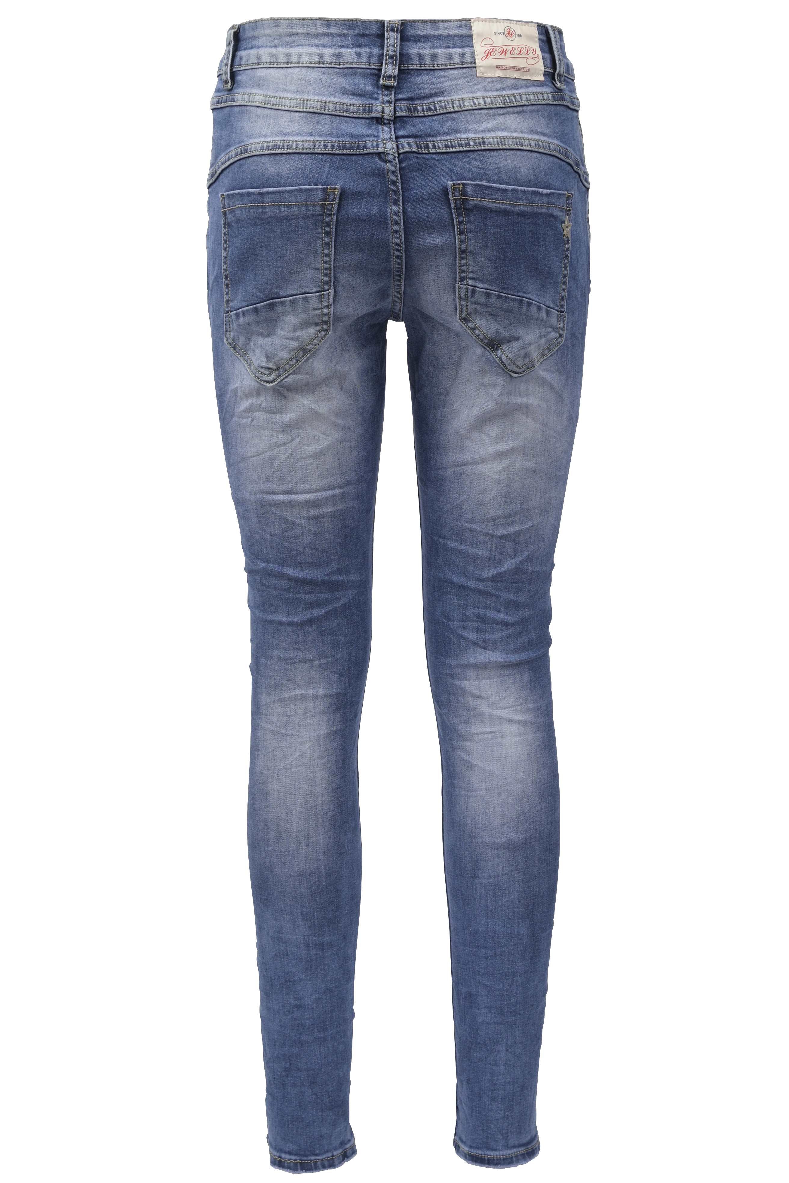 Jewelly Damen Stretch Jeans Five-Pocket im Crash-Look | Boyfriend Hose mit sichtbarer Knopfleiste
