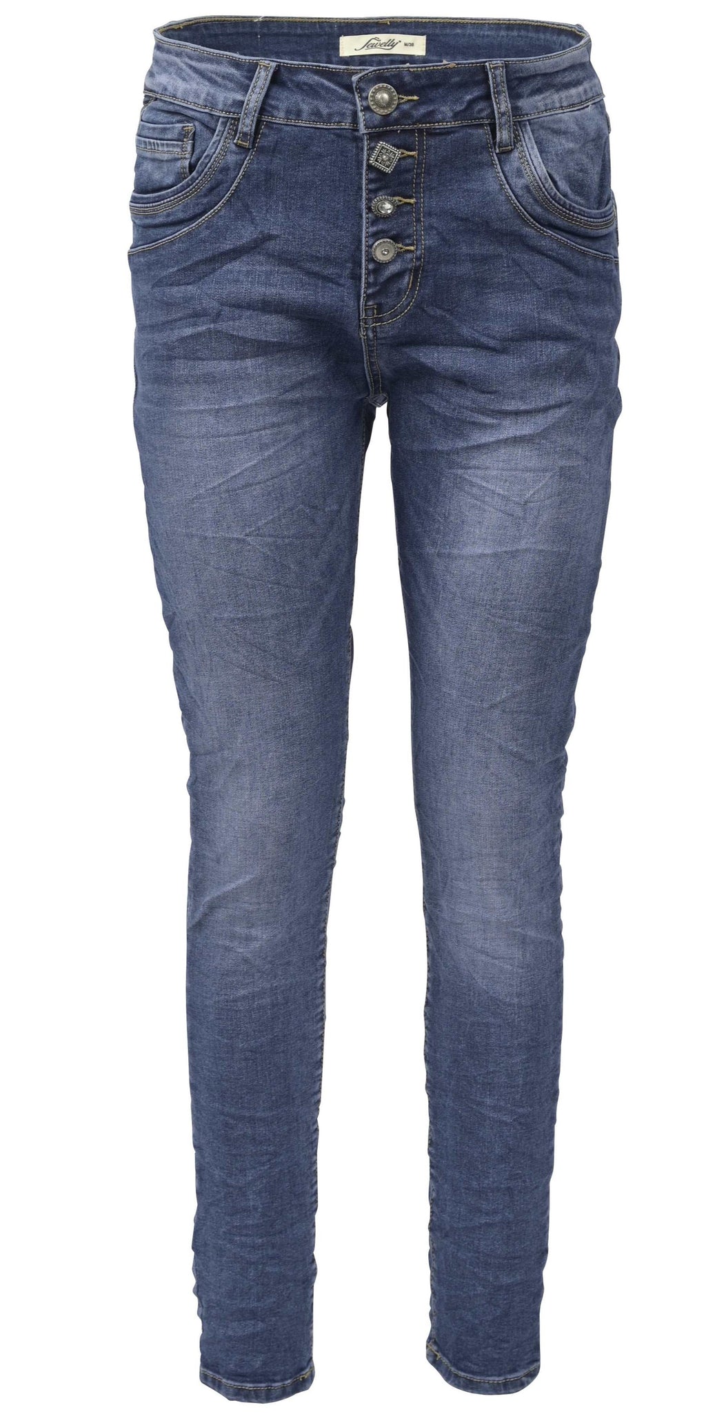 Jewelly Damen Stretch Jeans Five-Pocket im Crash-Look | Boyfriend Hose und sichtbarer Knopfleiste mit Schmuckknöpfen