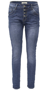 Jewelly Damen Stretch Jeans Five-Pocket im Crash-Look | Boyfriend Hose und sichtbarer Knopfleiste mit Schmuckknöpfen