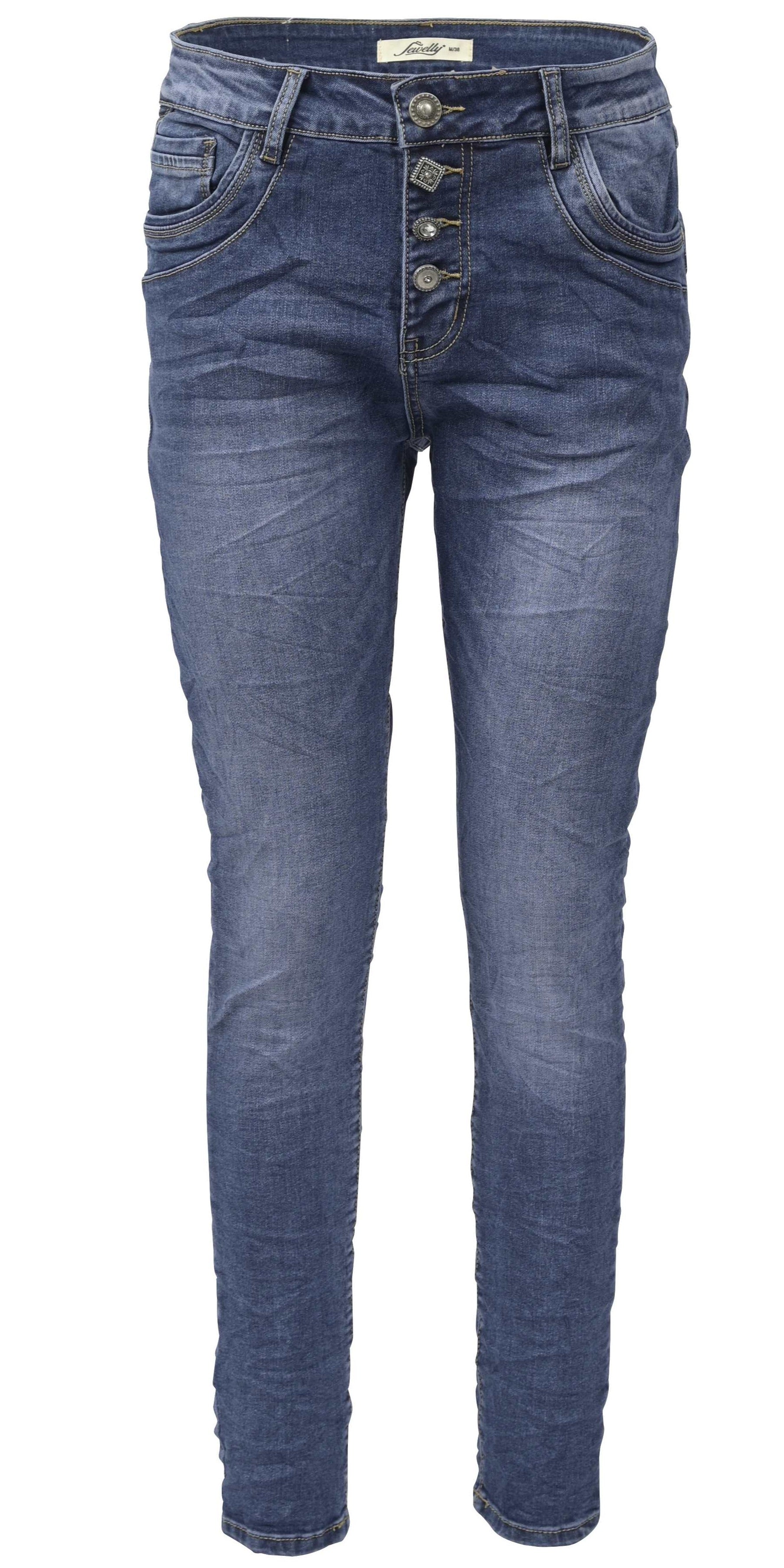 Jewelly Damen Stretch Jeans Five-Pocket im Crash-Look | Boyfriend Hose und sichtbarer Knopfleiste mit Schmuckknöpfen