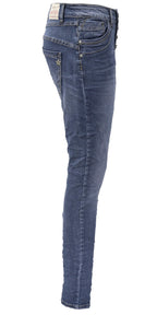 Jewelly Damen Stretch Jeans Five-Pocket im Crash-Look | Boyfriend Hose und sichtbarer Knopfleiste mit Schmuckknöpfen
