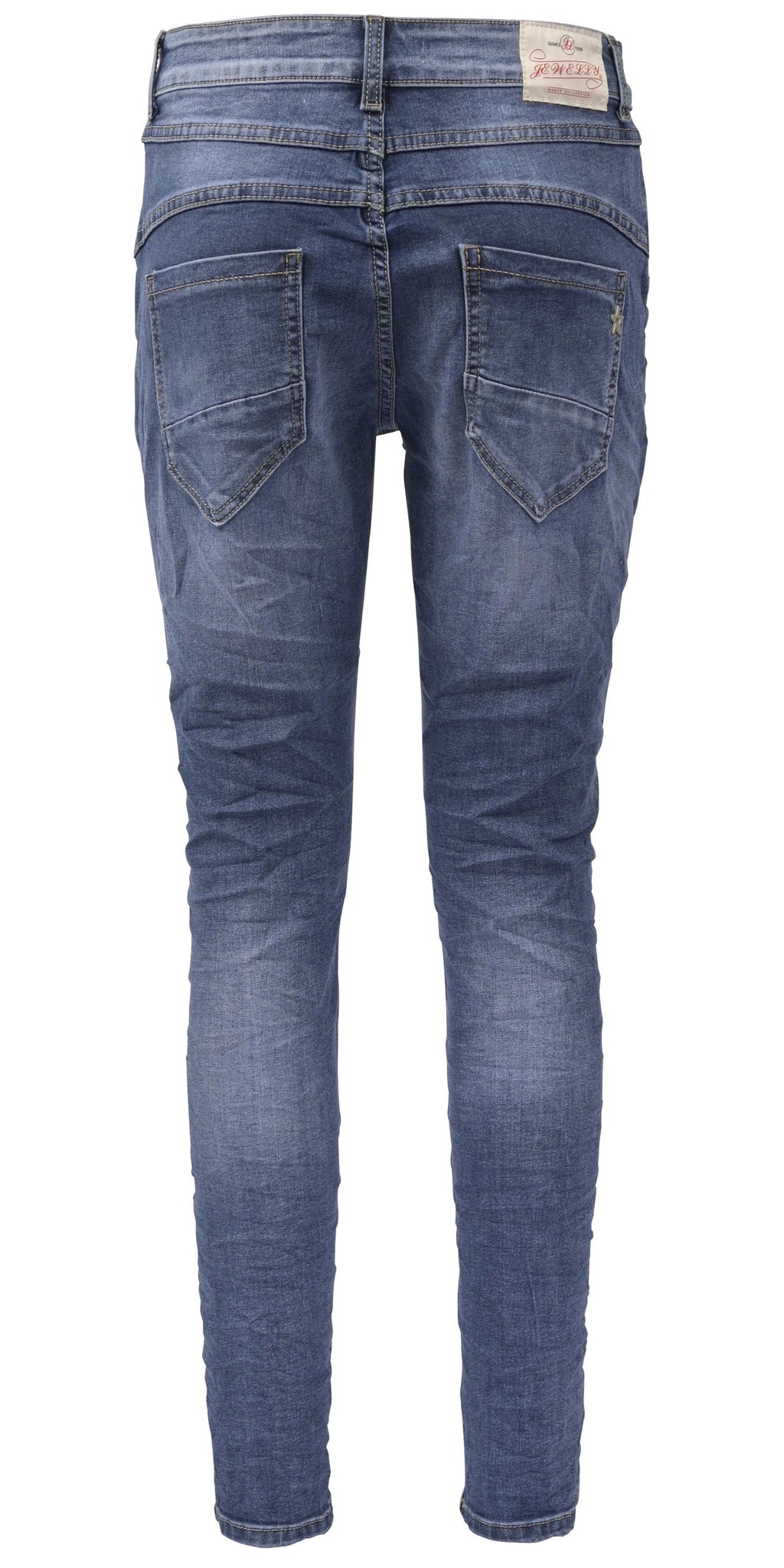 Jewelly Damen Stretch Jeans Five-Pocket im Crash-Look | Boyfriend Hose und sichtbarer Knopfleiste mit Schmuckknöpfen