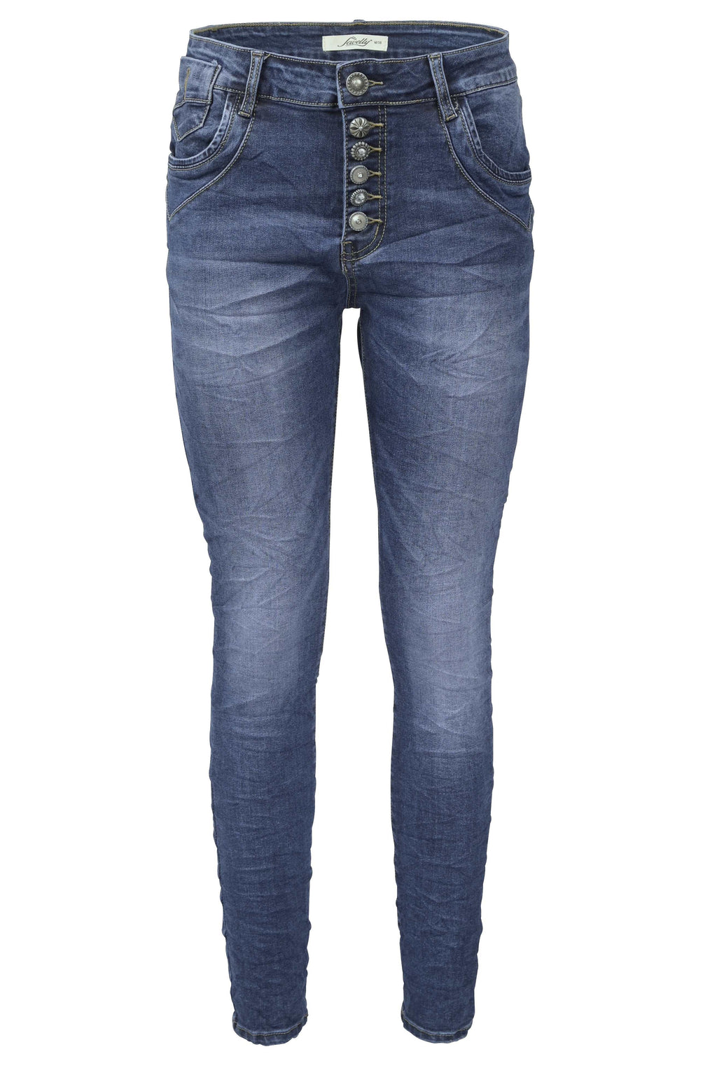 Jewelly Damen Stretch Jeans Five-Pocket im Crash-Look | Boyfriend Hose und sichtbarer Knopfleiste mit Schmuckknöpfen