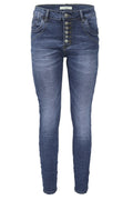 Jewelly Damen Stretch Jeans Five-Pocket im Crash-Look | Boyfriend Hose und sichtbarer Knopfleiste mit Schmuckknöpfen