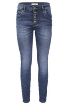 Jewelly Damen Stretch Jeans Five-Pocket im Crash-Look | Boyfriend Hose und sichtbarer Knopfleiste mit Schmuckknöpfen