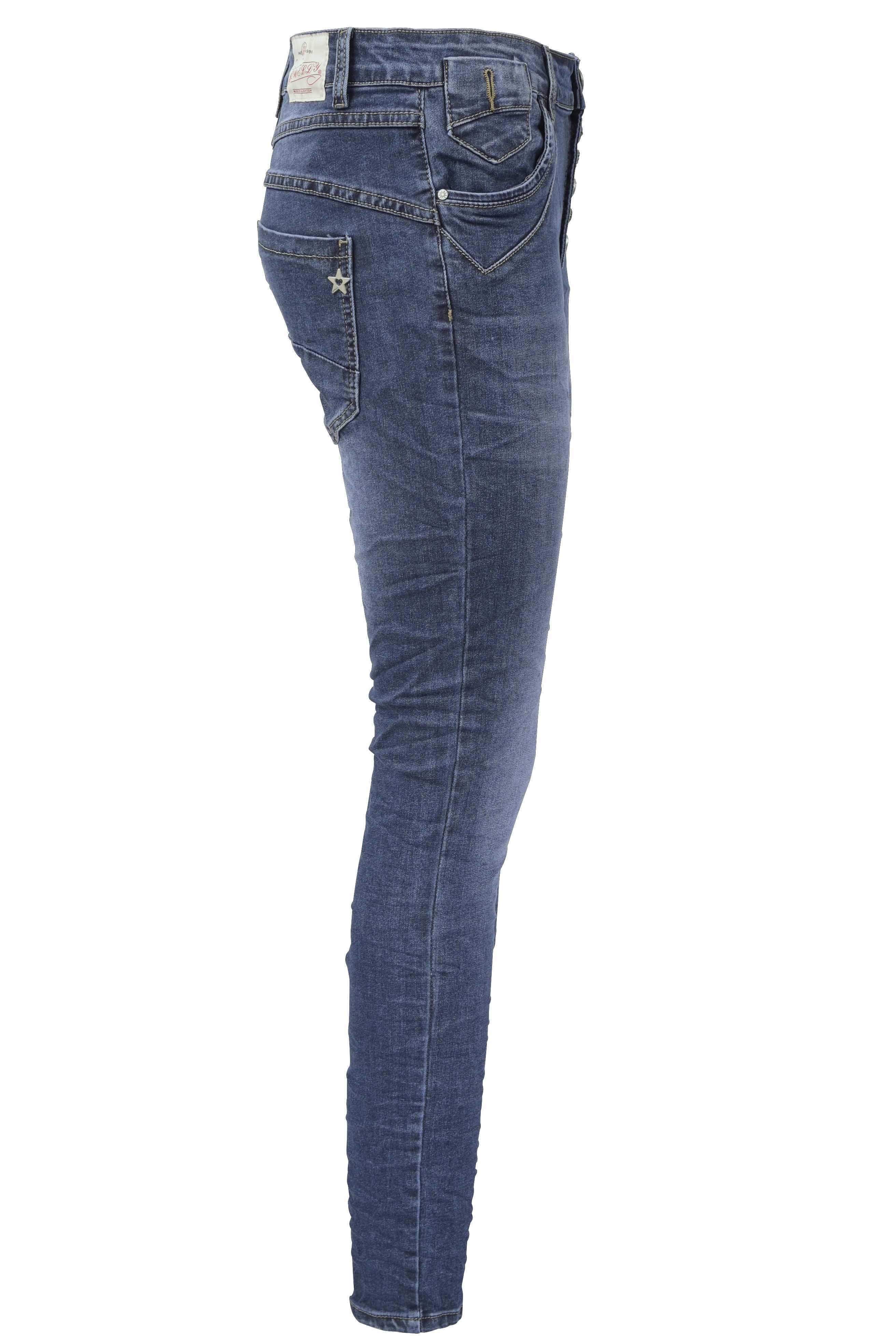 Jewelly Damen Stretch Jeans Five-Pocket im Crash-Look | Boyfriend Hose und sichtbarer Knopfleiste mit Schmuckknöpfen