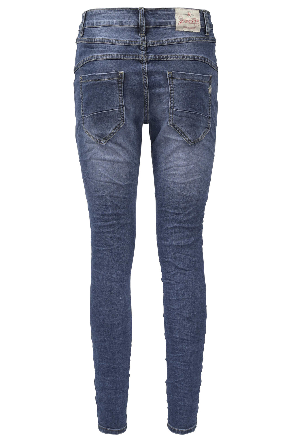 Jewelly Damen Stretch Jeans Five-Pocket im Crash-Look | Boyfriend Hose und sichtbarer Knopfleiste mit Schmuckknöpfen