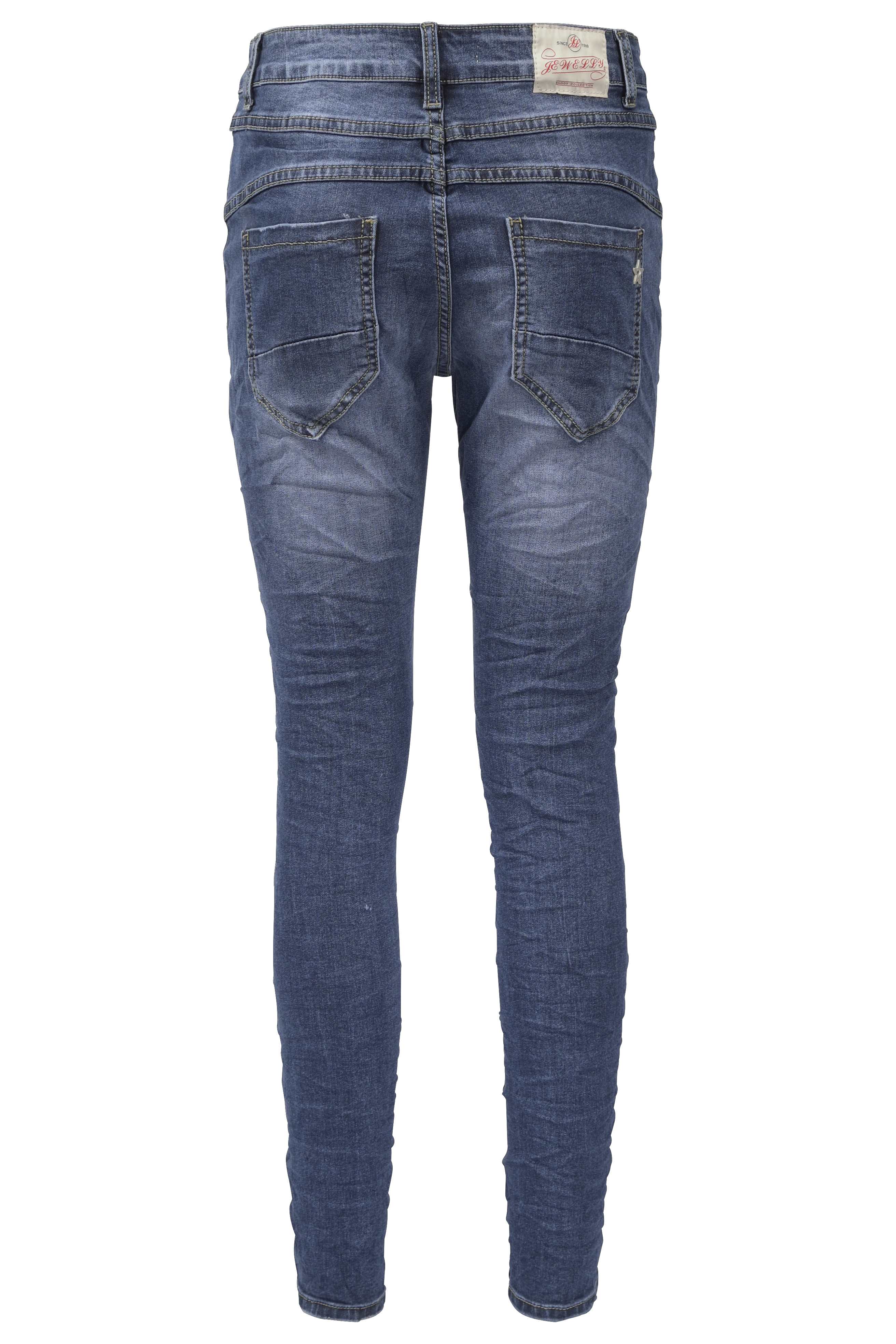 Jewelly Damen Stretch Jeans Five-Pocket im Crash-Look | Boyfriend Hose und sichtbarer Knopfleiste mit Schmuckknöpfen