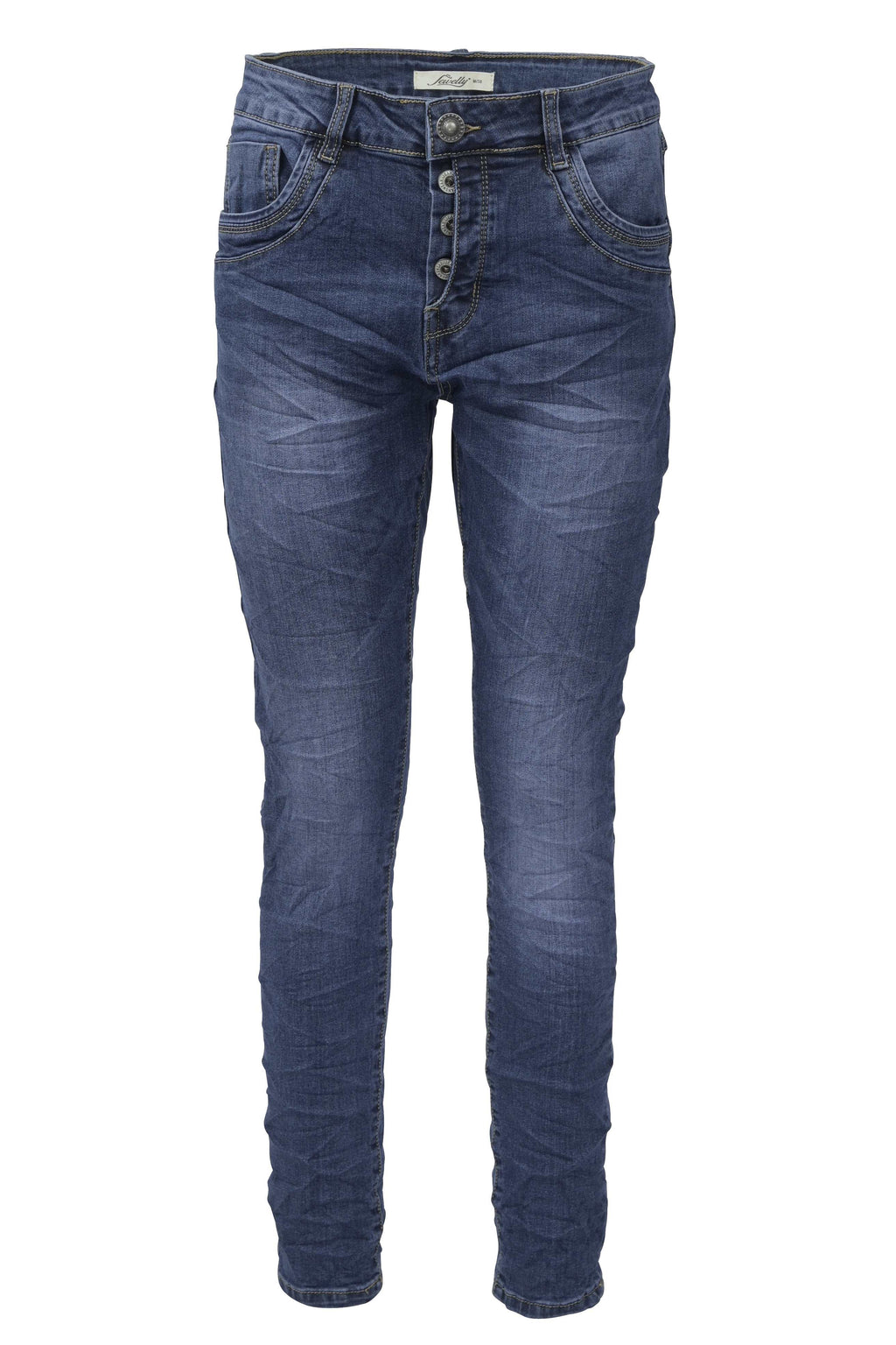 Jewelly Damen Stretch Jeans Five-Pocket im Crash-Look | Boyfriend Hose mit sichtbarer Knopfleiste