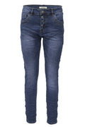 Jewelly Damen Stretch Jeans Five-Pocket im Crash-Look | Boyfriend Hose mit sichtbarer Knopfleiste