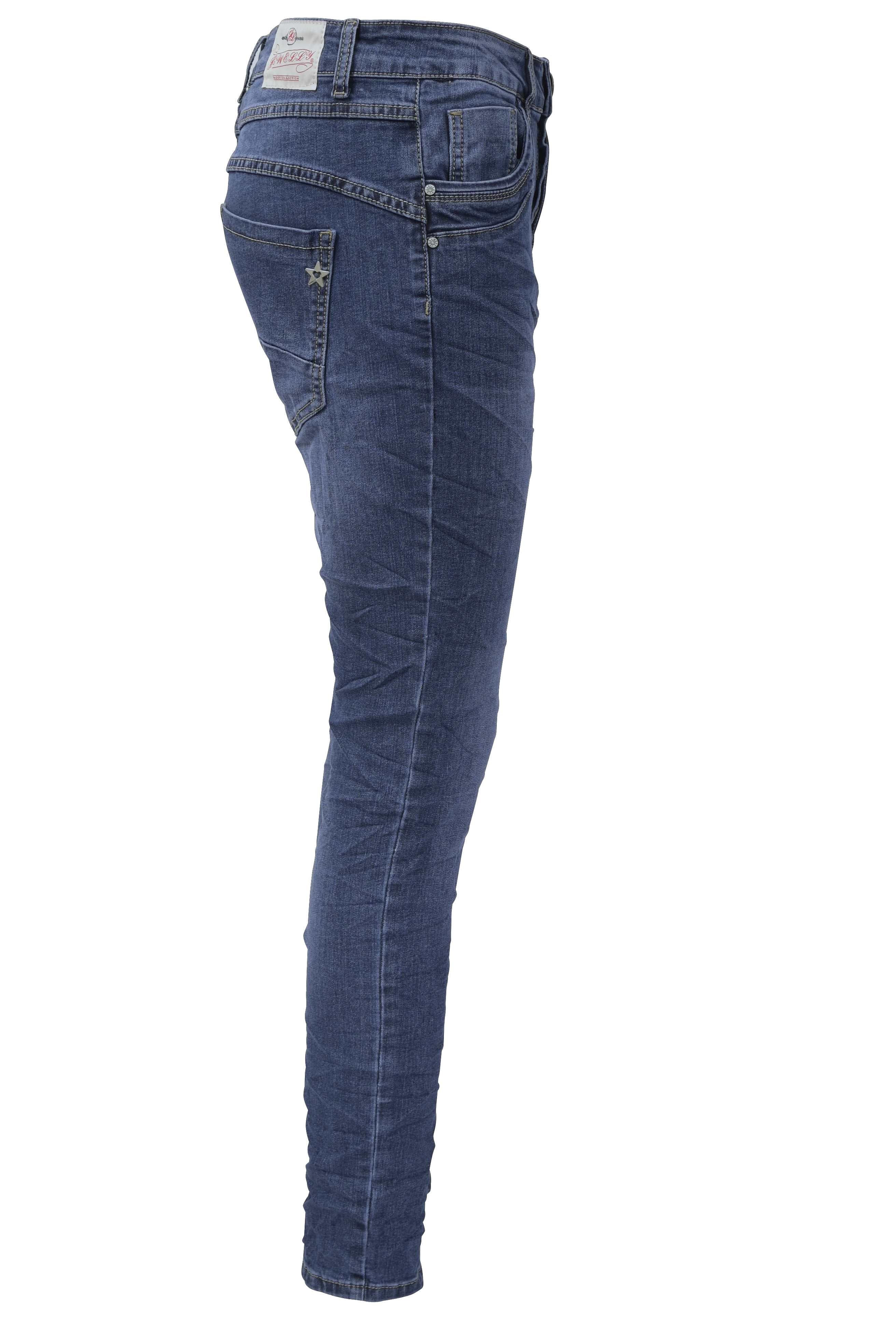 Jewelly Damen Stretch Jeans Five-Pocket im Crash-Look | Boyfriend Hose mit sichtbarer Knopfleiste