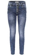 Jewelly Damen Stretch Jeans Five-Pocket im Crash-Look | Boyfriend Hose und sichtbarer Knopfleiste mit Schmuckknöpfen