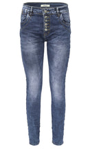 Jewelly Damen Stretch Jeans Five-Pocket im Crash-Look | Boyfriend Hose und sichtbarer Knopfleiste mit Schmuckknöpfen
