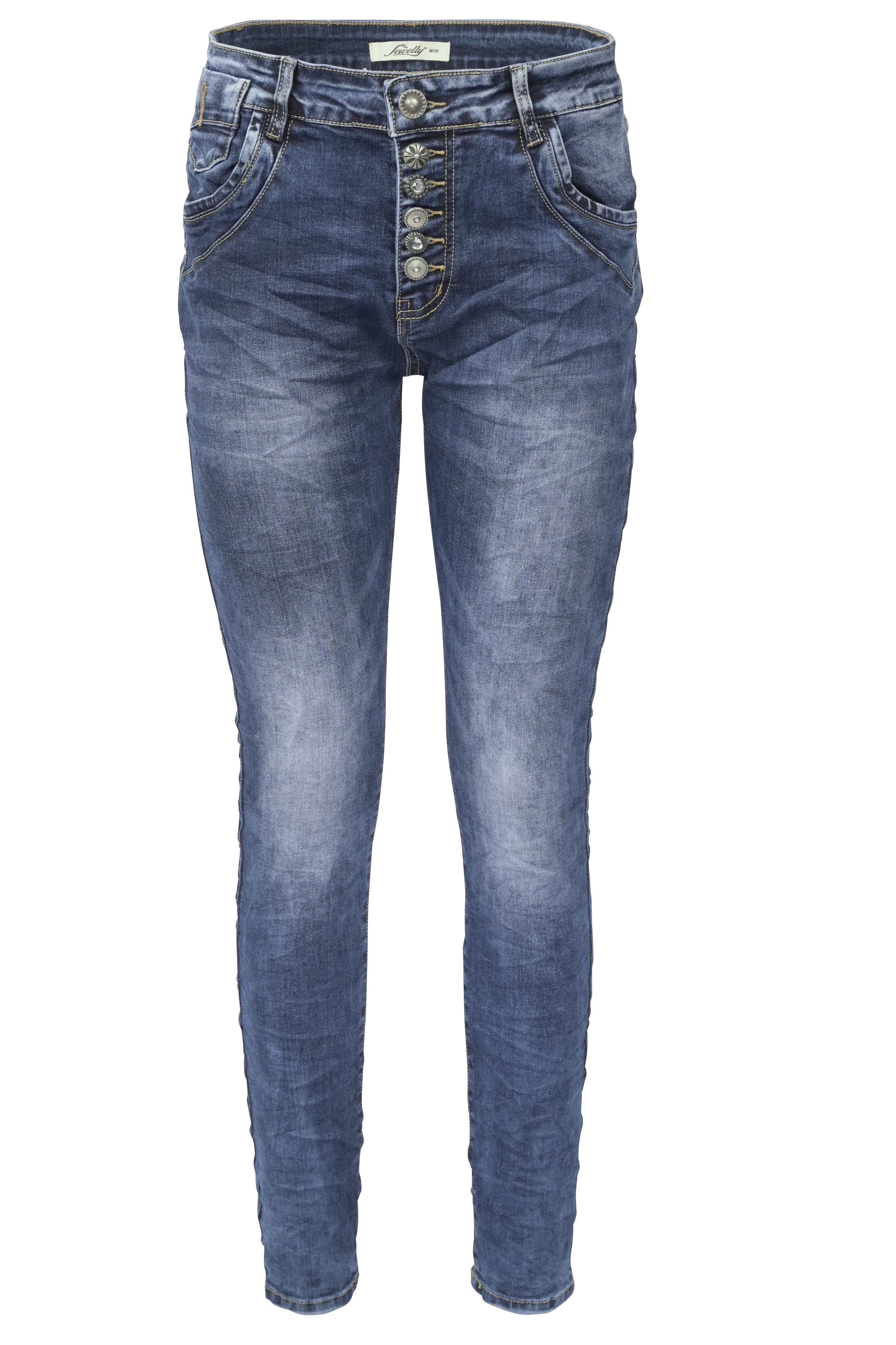 Jewelly Damen Stretch Jeans Five-Pocket im Crash-Look | Boyfriend Hose und sichtbarer Knopfleiste mit Schmuckknöpfen