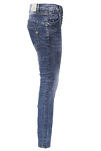 Jewelly Damen Stretch Jeans Five-Pocket im Crash-Look | Boyfriend Hose und sichtbarer Knopfleiste mit Schmuckknöpfen