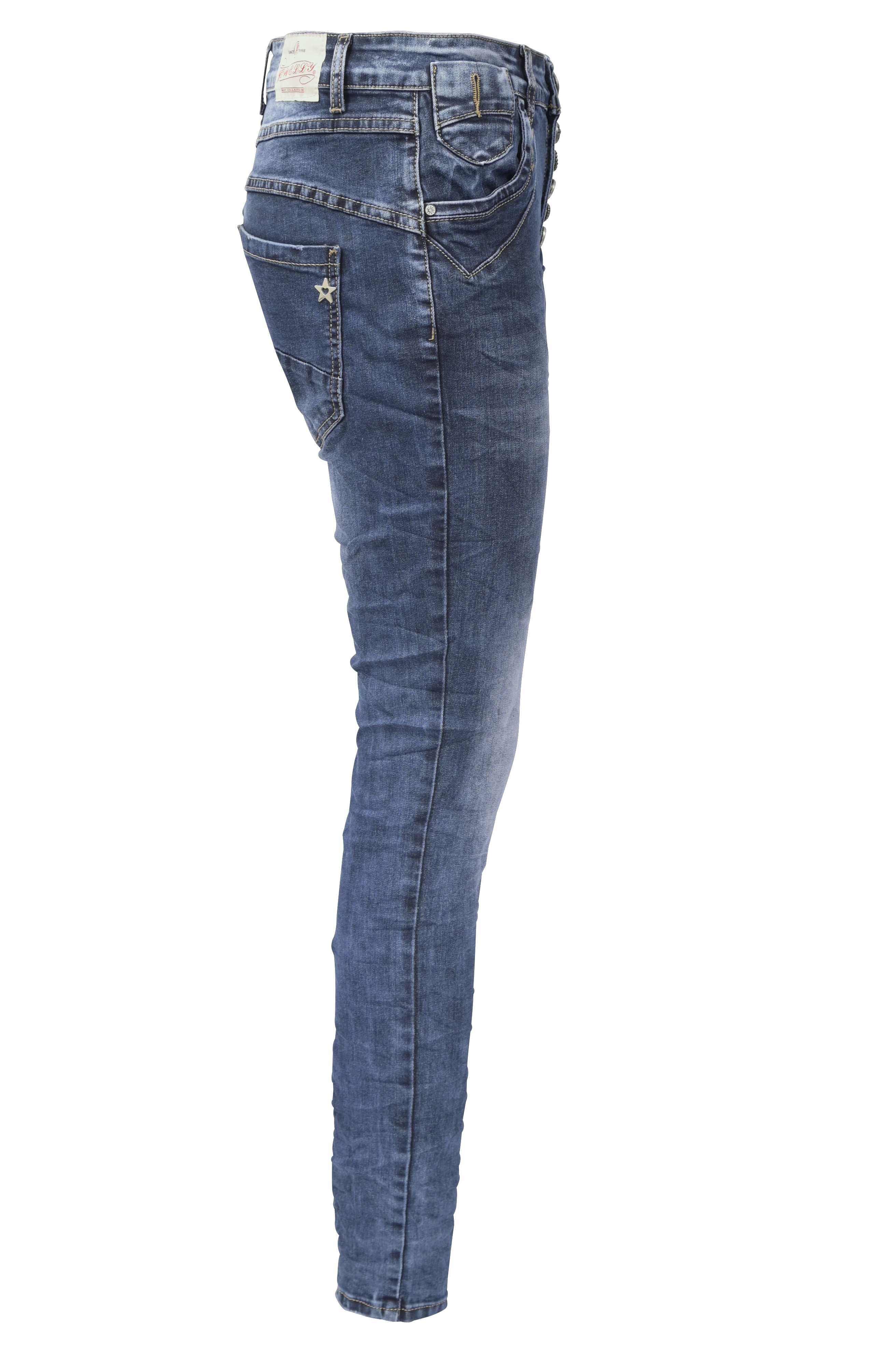 Jewelly Damen Stretch Jeans Five-Pocket im Crash-Look | Boyfriend Hose und sichtbarer Knopfleiste mit Schmuckknöpfen