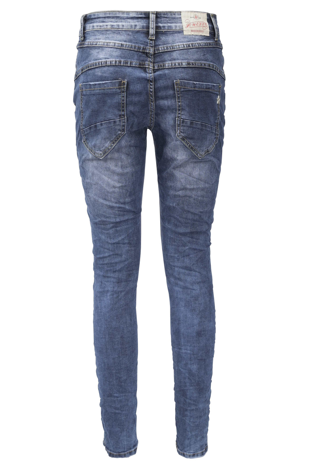 Jewelly Damen Stretch Jeans Five-Pocket im Crash-Look | Boyfriend Hose und sichtbarer Knopfleiste mit Schmuckknöpfen