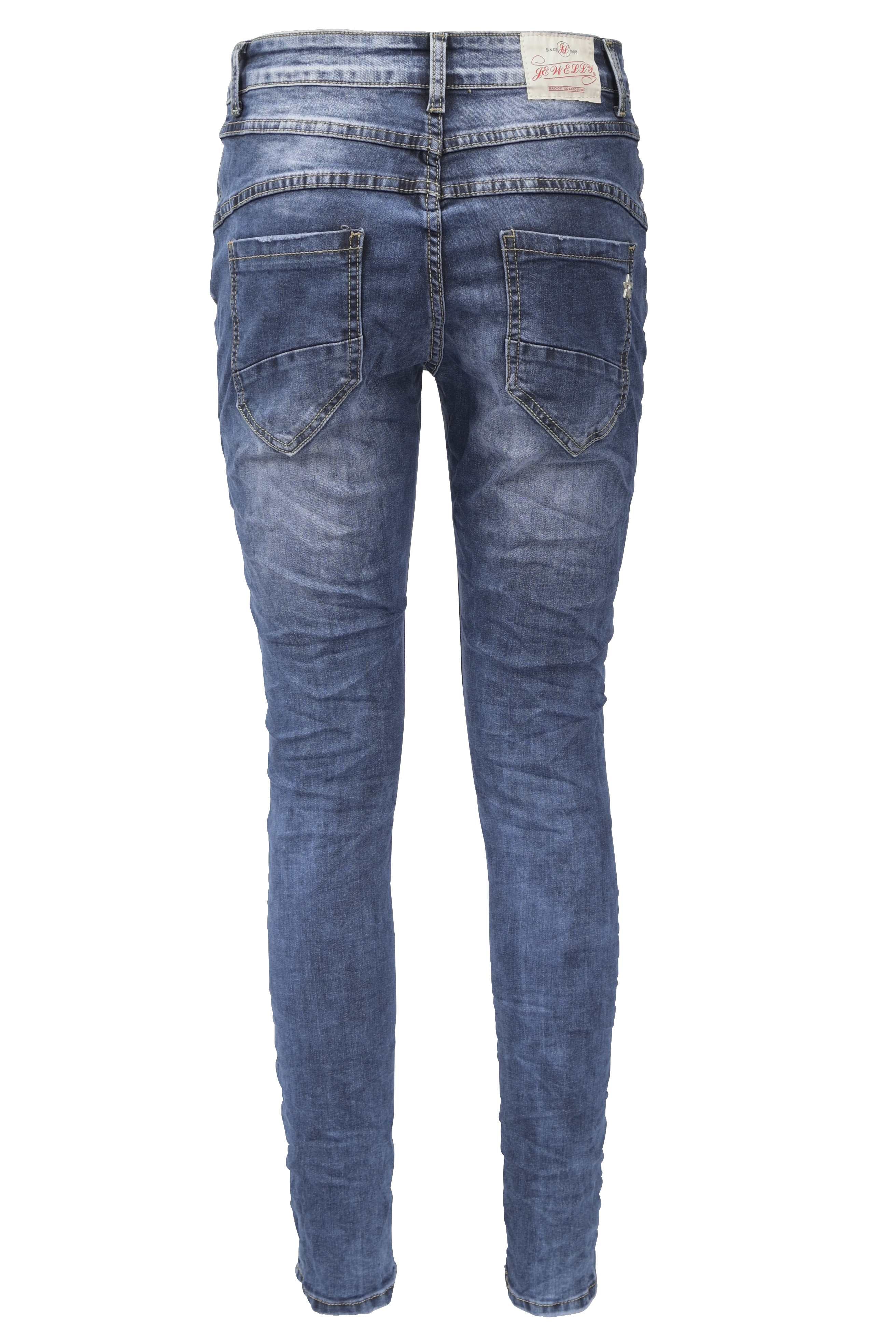 Jewelly Damen Stretch Jeans Five-Pocket im Crash-Look | Boyfriend Hose und sichtbarer Knopfleiste mit Schmuckknöpfen