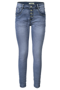 Jewelly Damen Stretch Jeans Five-Pocket im Crash-Look | Boyfriend Hose mit sichtbarer Knopfleiste