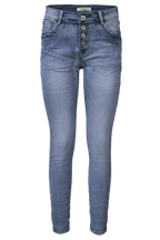 Jewelly Damen Stretch Jeans Five-Pocket im Crash-Look | Boyfriend Hose mit sichtbarer Knopfleiste