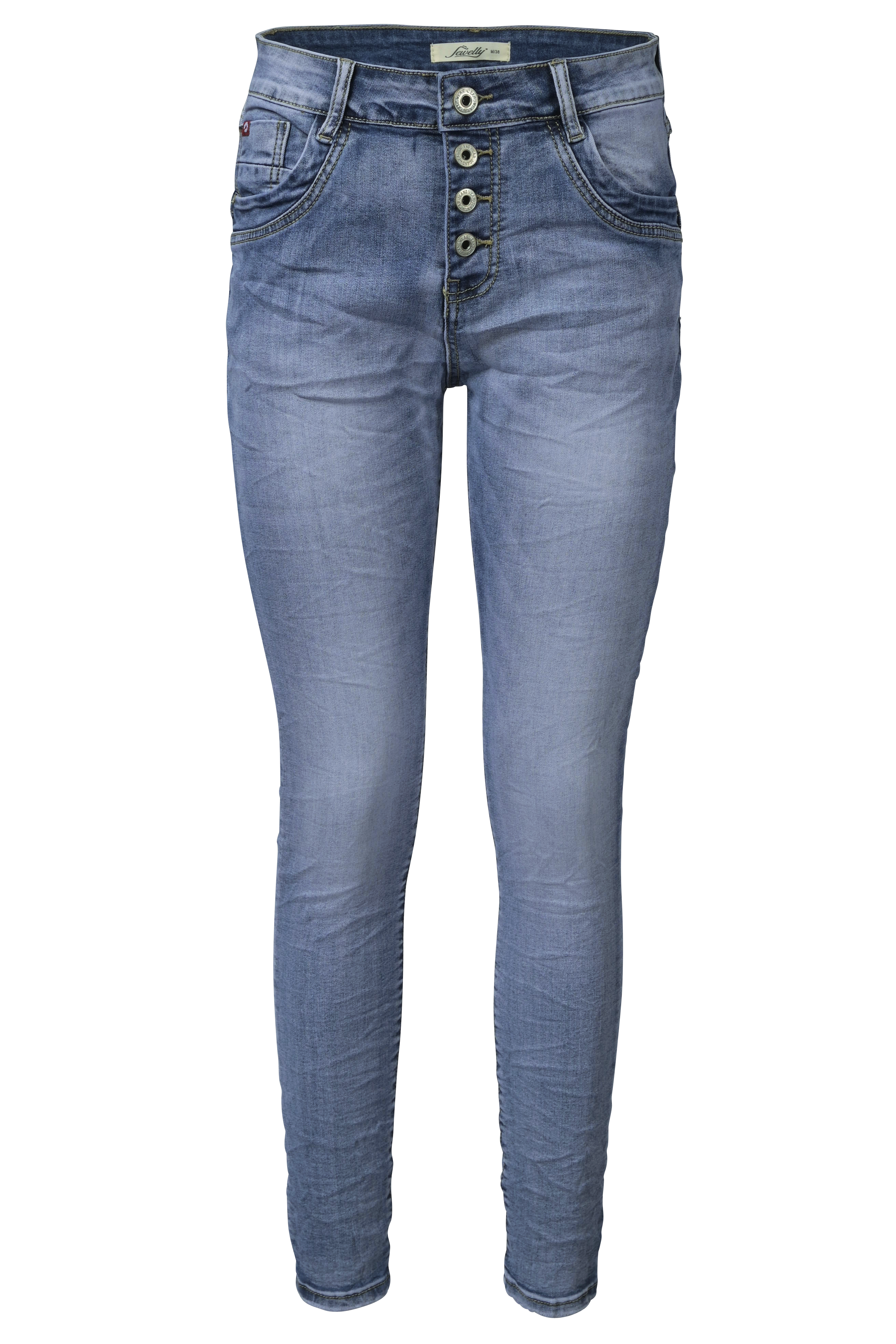Jewelly Damen Stretch Jeans Five-Pocket im Crash-Look | Boyfriend Hose mit sichtbarer Knopfleiste
