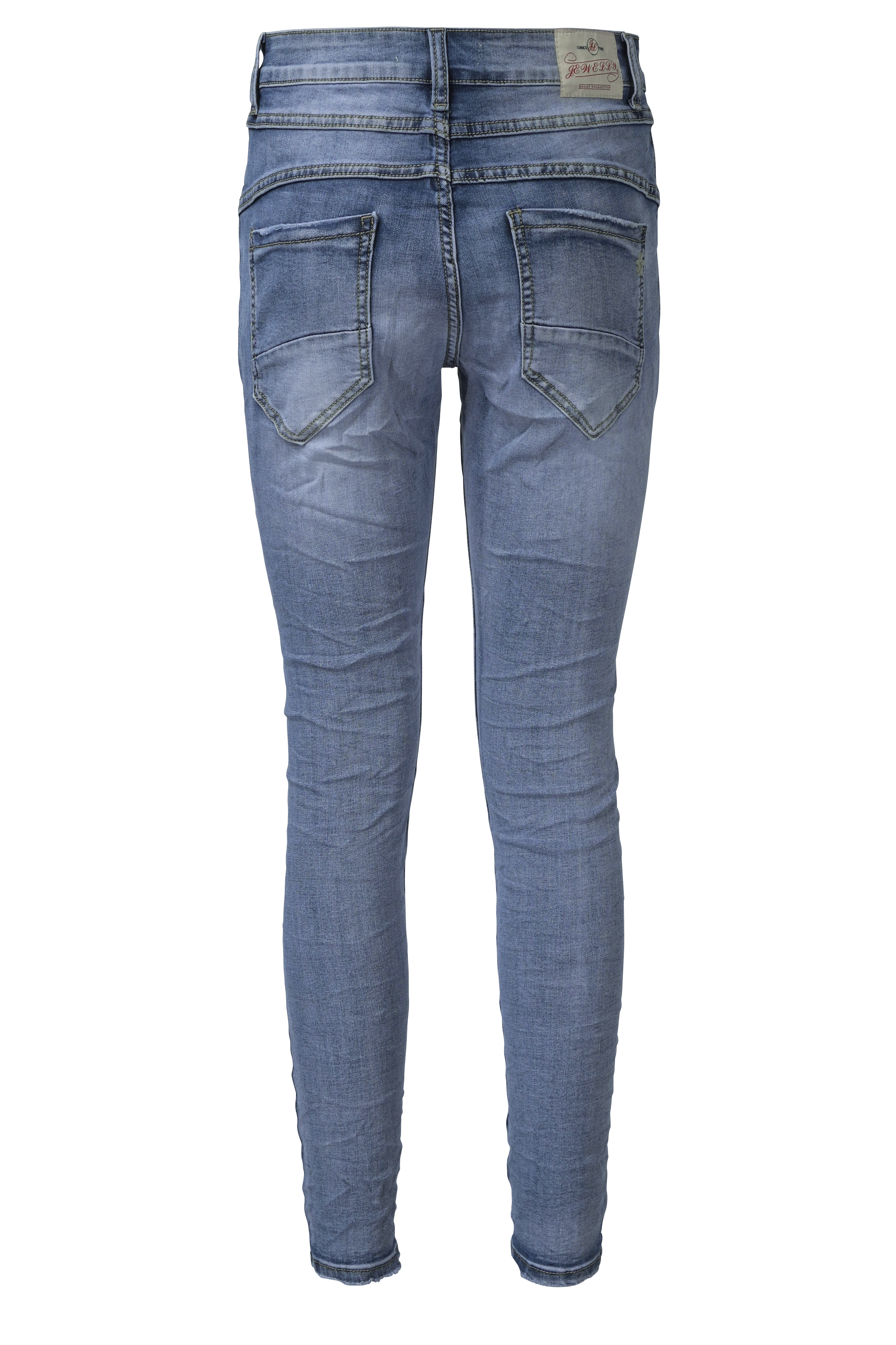 Jewelly Damen Stretch Jeans Five-Pocket im Crash-Look | Boyfriend Hose mit sichtbarer Knopfleiste
