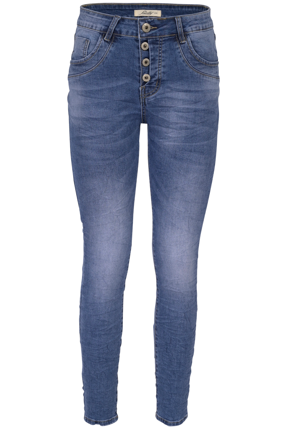 Jewelly Damen Stretch Jeans Five-Pocket im Crash-Look | Boyfriend Hose mit sichtbarer Knopfleiste