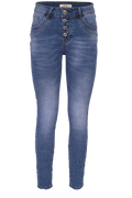 Jewelly Damen Stretch Jeans Five-Pocket im Crash-Look | Boyfriend Hose mit sichtbarer Knopfleiste