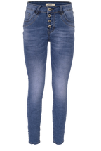 Jewelly Damen Stretch Jeans Five-Pocket im Crash-Look | Boyfriend Hose mit sichtbarer Knopfleiste