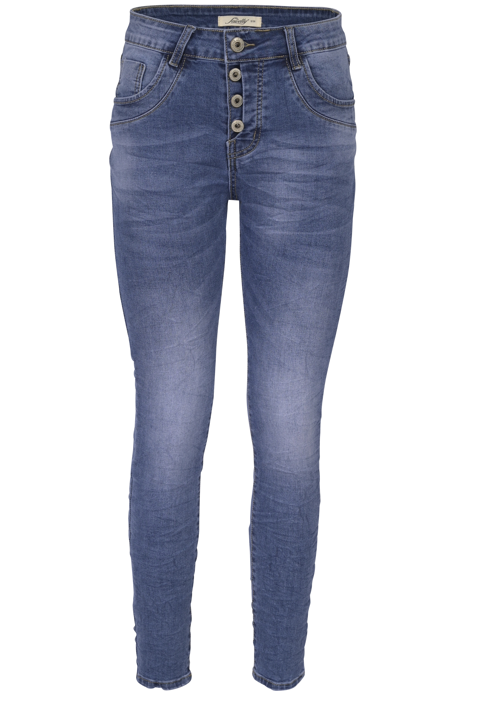 Jewelly Damen Stretch Jeans Five-Pocket im Crash-Look | Boyfriend Hose mit sichtbarer Knopfleiste