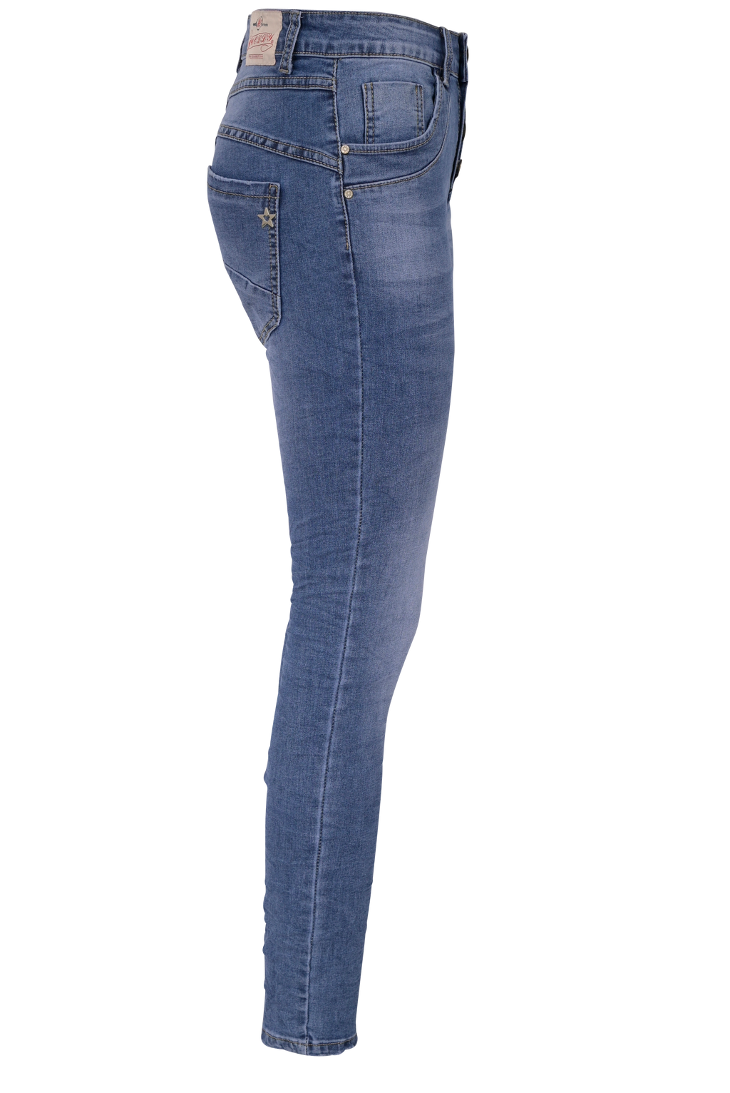 Jewelly Damen Stretch Jeans Five-Pocket im Crash-Look | Boyfriend Hose mit sichtbarer Knopfleiste