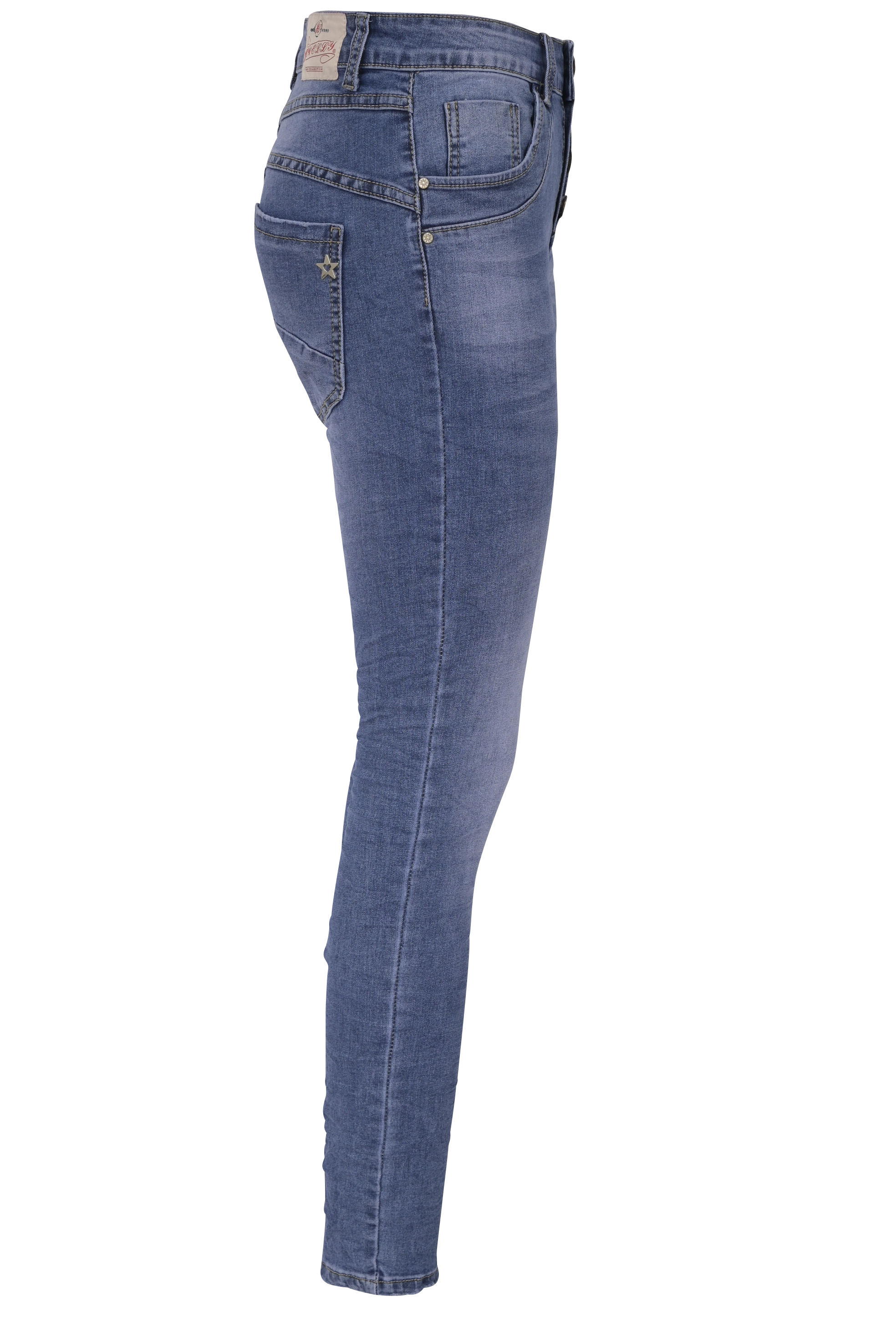 Jewelly Damen Stretch Jeans Five-Pocket im Crash-Look | Boyfriend Hose mit sichtbarer Knopfleiste