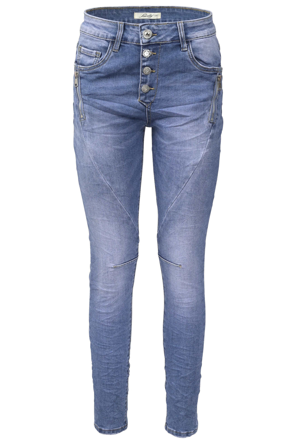 Jewelly Damen Stretch Jeans Five-Pocket im Crash-Look | Boyfriend Hose und sichtbarer Knopfleiste mit Strassknöpfen