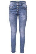 Jewelly Damen Stretch Jeans Five-Pocket im Crash-Look | Boyfriend Hose und sichtbarer Knopfleiste mit Strassknöpfen