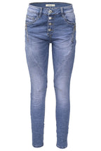 Jewelly Damen Stretch Jeans Five-Pocket im Crash-Look | Boyfriend Hose und sichtbarer Knopfleiste mit Strassknöpfen