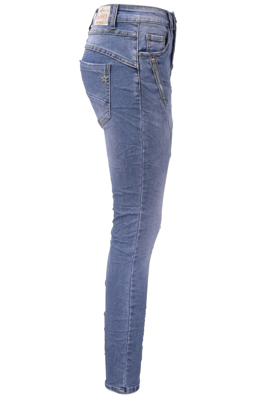 Jewelly Damen Stretch Jeans Five-Pocket im Crash-Look | Boyfriend Hose und sichtbarer Knopfleiste mit Strassknöpfen