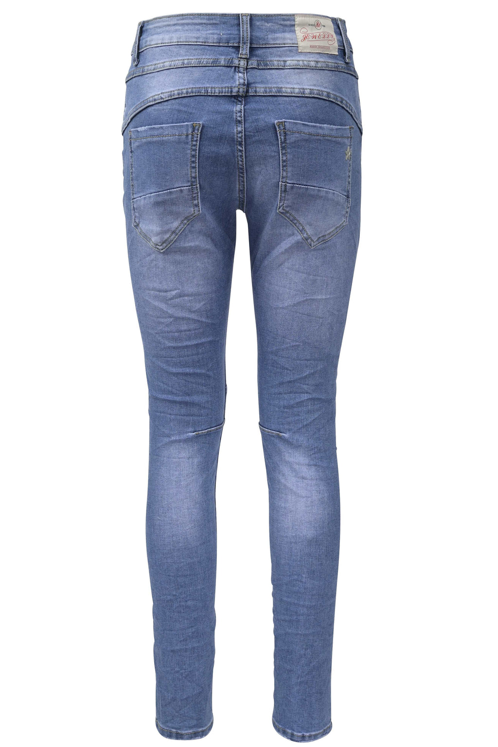 Jewelly Damen Stretch Jeans Five-Pocket im Crash-Look | Boyfriend Hose und sichtbarer Knopfleiste mit Strassknöpfen