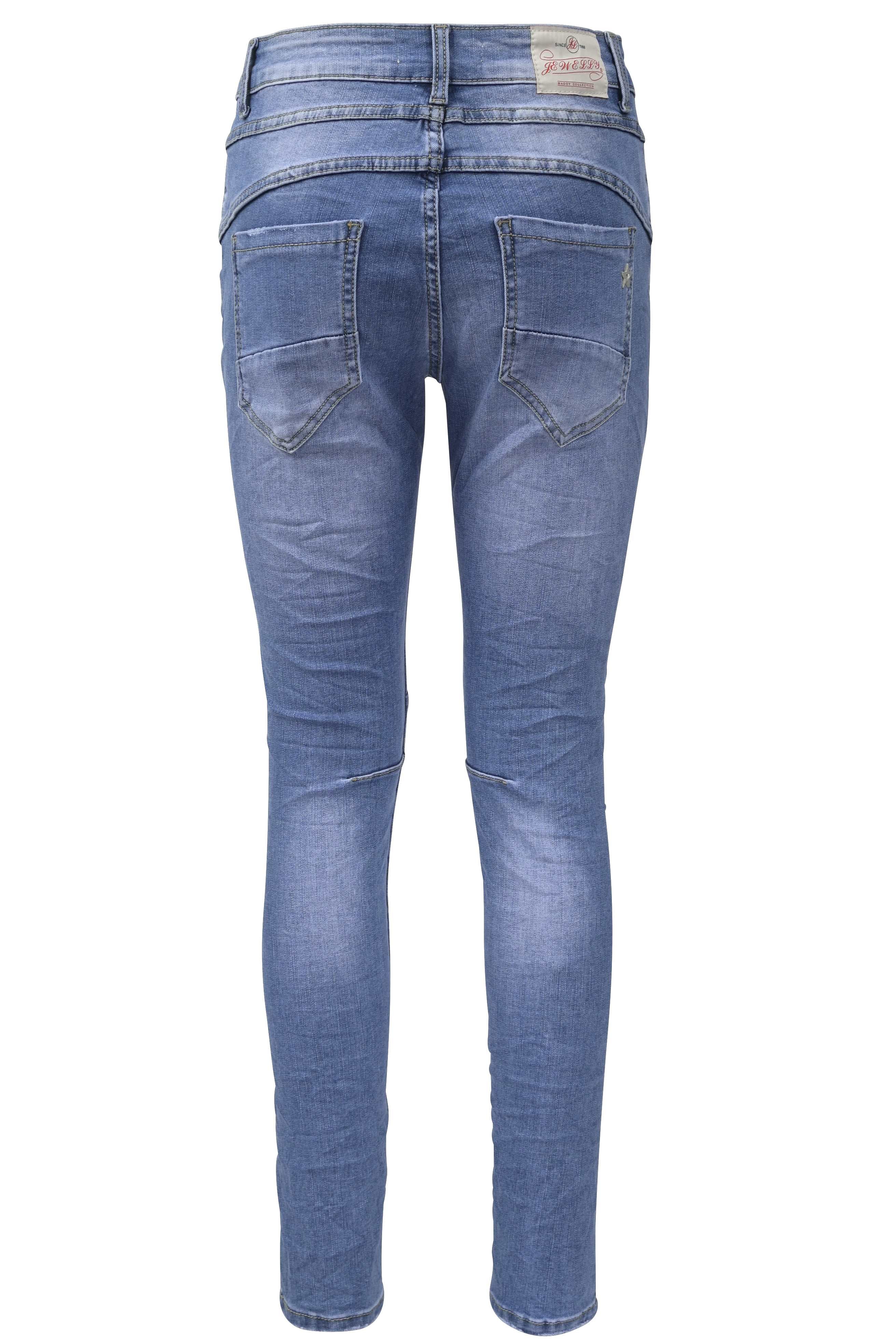 Jewelly Damen Stretch Jeans Five-Pocket im Crash-Look | Boyfriend Hose und sichtbarer Knopfleiste mit Strassknöpfen