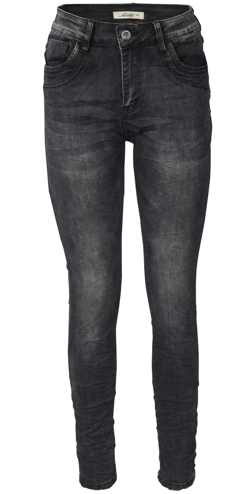 Jewelly Damen Jeans  | Schwarze Stretch Jeans Five-Pocket im Crash-Look | Boyfriend -Cut - im Crash-Look mit Reißverschluss