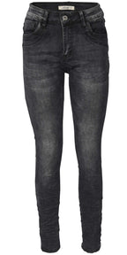 Jewelly Damen Jeans  | Schwarze Stretch Jeans Five-Pocket im Crash-Look | Boyfriend -Cut - im Crash-Look mit Reißverschluss