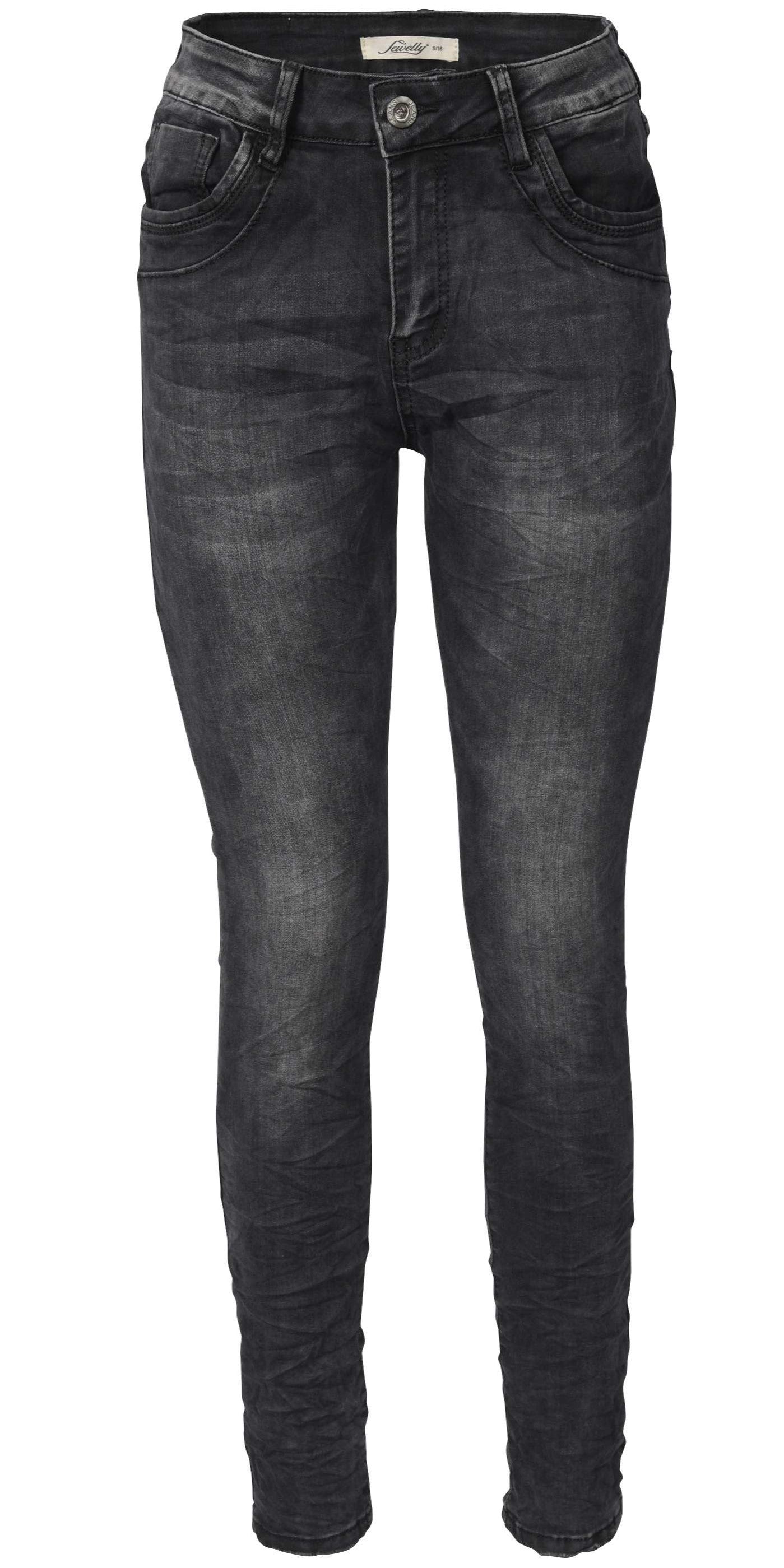 Jewelly Damen Jeans  | Schwarze Stretch Jeans Five-Pocket im Crash-Look | Boyfriend -Cut - im Crash-Look mit Reißverschluss