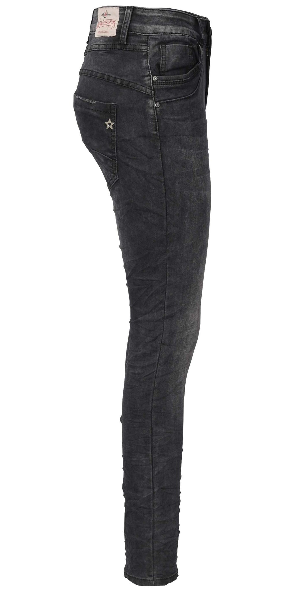 Jewelly Damen Jeans  | Schwarze Stretch Jeans Five-Pocket im Crash-Look | Boyfriend -Cut - im Crash-Look mit Reißverschluss