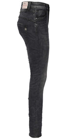Jewelly Damen Jeans  | Schwarze Stretch Jeans Five-Pocket im Crash-Look | Boyfriend -Cut - im Crash-Look mit Reißverschluss