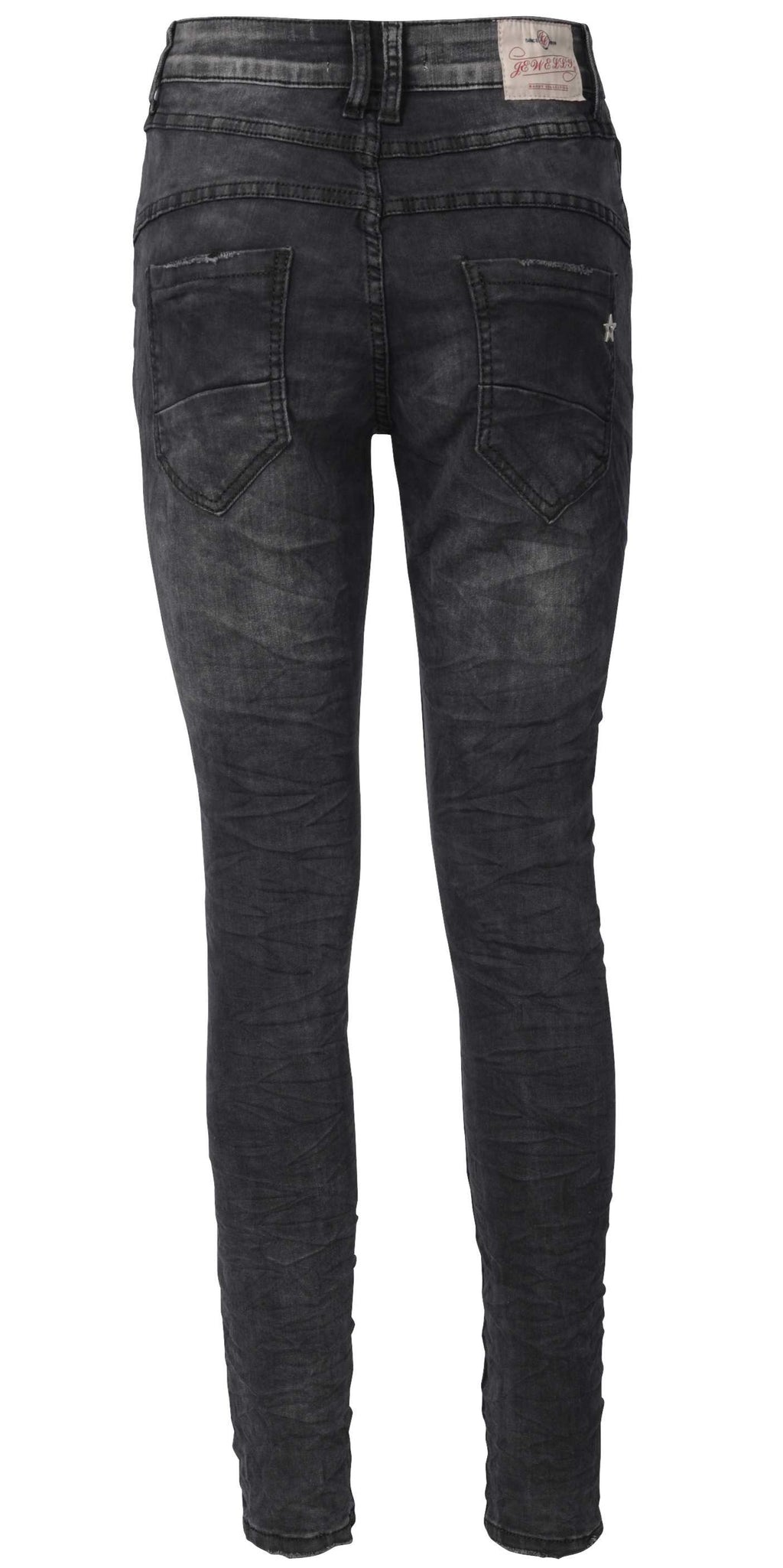 Jewelly Damen Jeans  | Schwarze Stretch Jeans Five-Pocket im Crash-Look | Boyfriend -Cut - im Crash-Look mit Reißverschluss