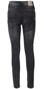 Jewelly Damen Jeans  | Schwarze Stretch Jeans Five-Pocket im Crash-Look | Boyfriend -Cut - im Crash-Look mit Reißverschluss