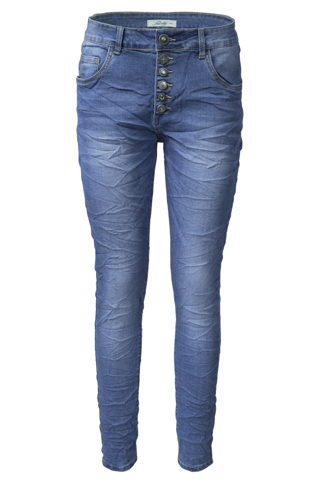 Jewelly Damen Stretch Jeans Five-Pocket im Crash-Look | Boyfriend Hose mit sichtbarer Knopfleiste|