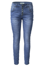 Jewelly Damen Stretch Jeans Five-Pocket im Crash-Look | Boyfriend Hose mit sichtbarer Knopfleiste|