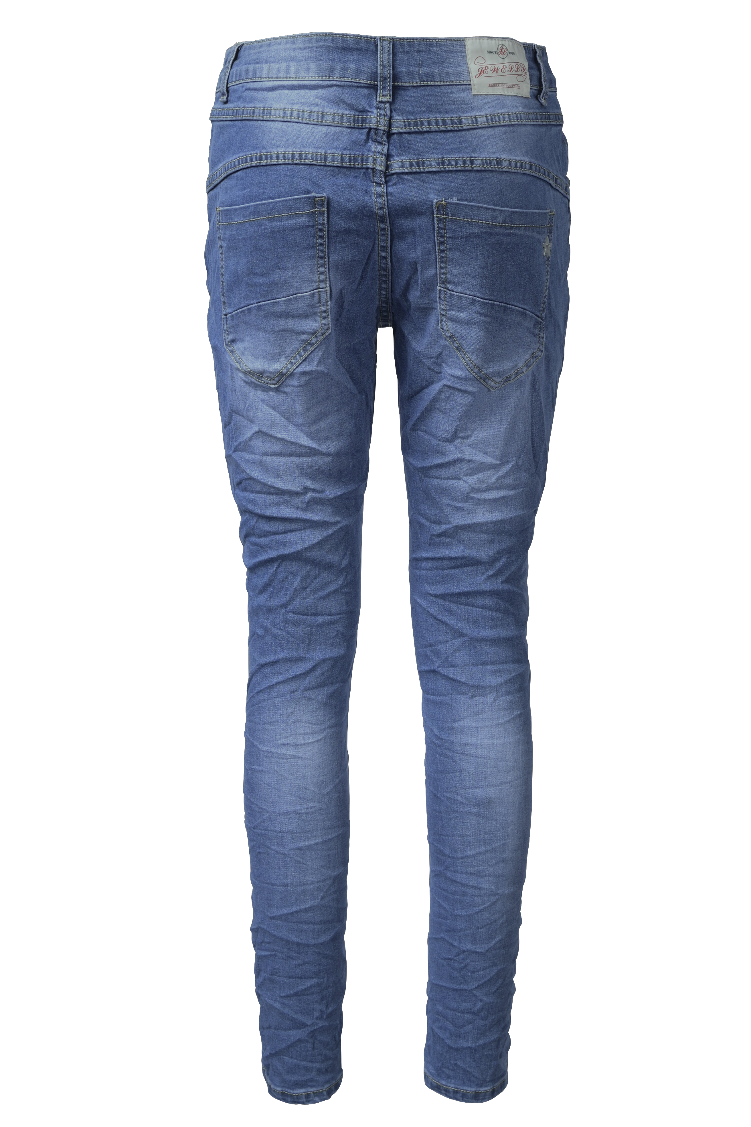 Jewelly Damen Stretch Jeans Five-Pocket im Crash-Look | Boyfriend Hose mit sichtbarer Knopfleiste|